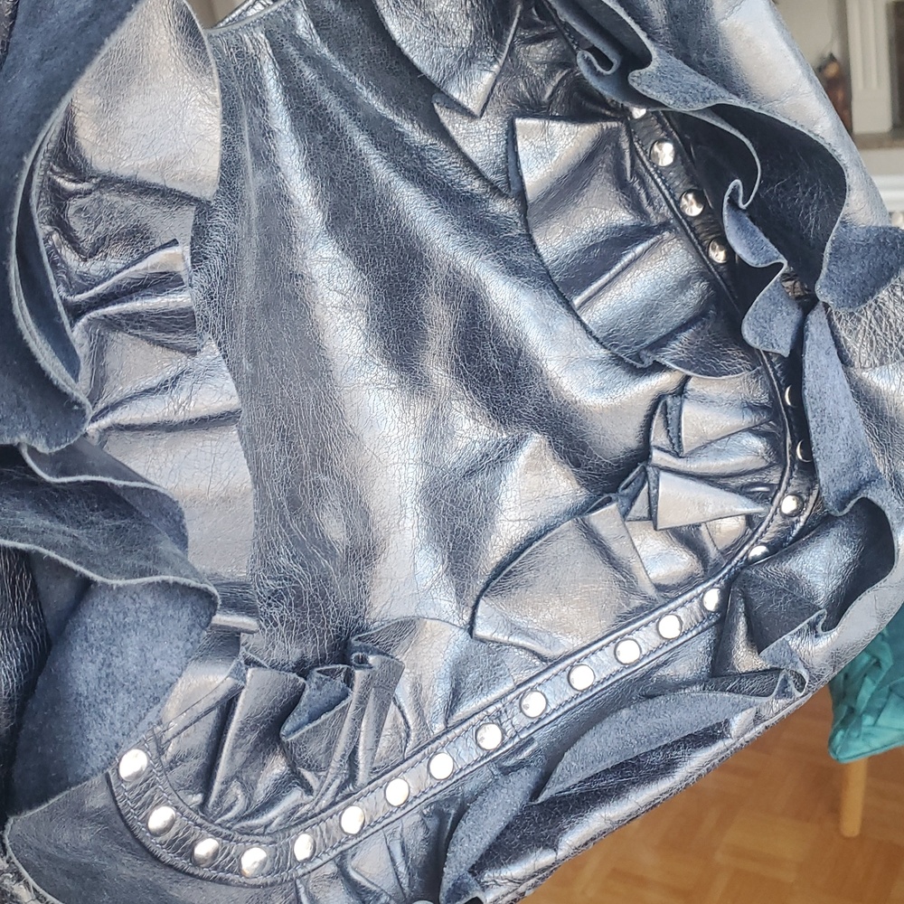 Vintage Susan Farber Black Real Leather Studded Ruffle Hobo Shoulder Bag - Picture 11 of 11